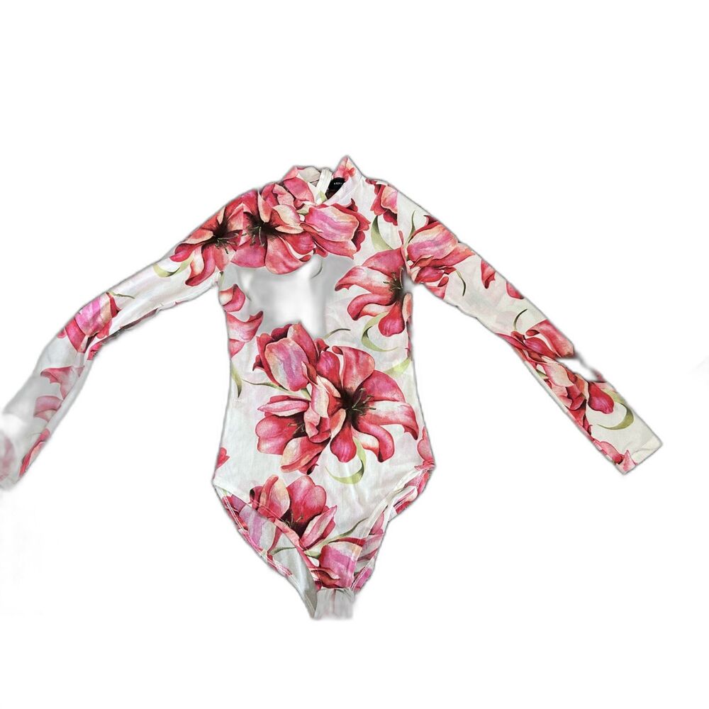 Akira Chicago white and pink/red floral print long sleeve bodysuit L